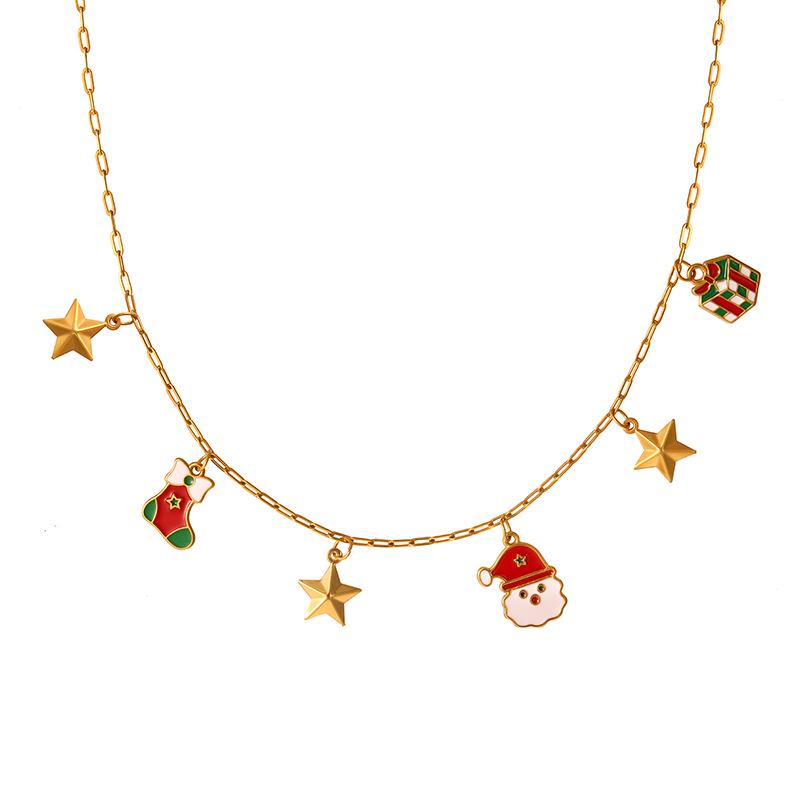Women s Christmas Multi-Pendant Santa Claus & Reindeer Necklace - Titanium Steel