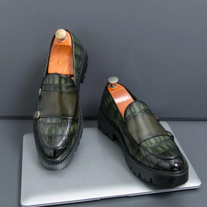 Fashion 2025 Street Fashion Men's Loafers Thick Sole Big Toe Shoes Trend Green Party Dress Shoes Men's Genuine Leather Casual Shoes Male