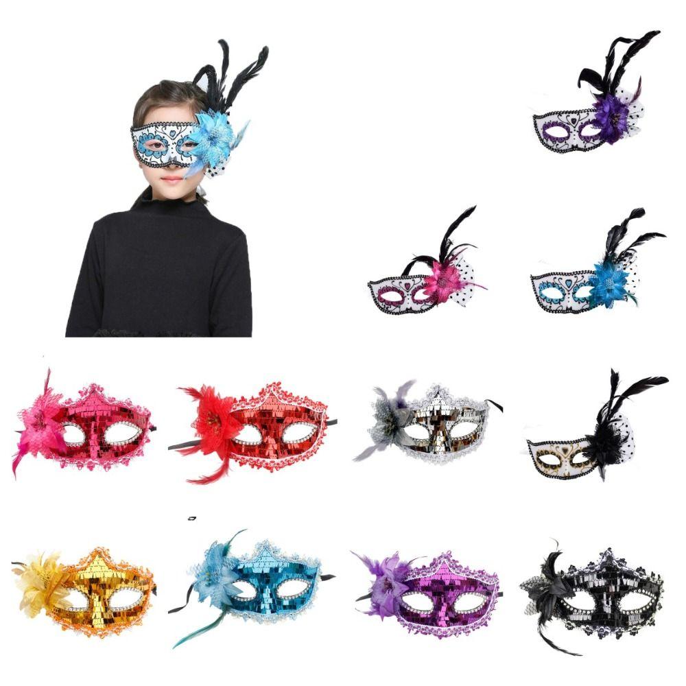 Сетчатая маска для глаз с перьями, цветочная маскарадная маска на половину лица, Венецианская маска с перьями и цветами purple-B