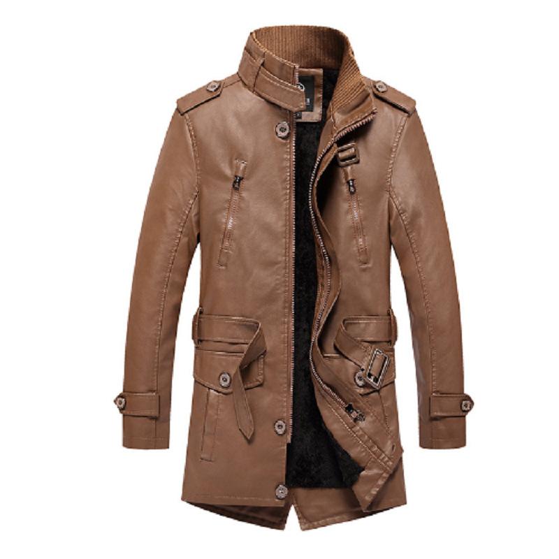 Autumn and winter men's new British medium and long leather jacket velvet men's clothing large size casual men's leather jacket