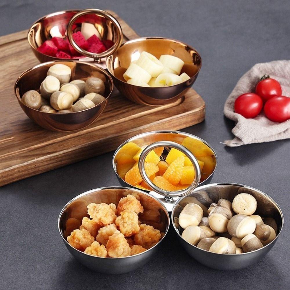 Stainless Steel 3-Compartment Snack Bowl Large Capacity Round Sauce Dish Dessert Plate  Office