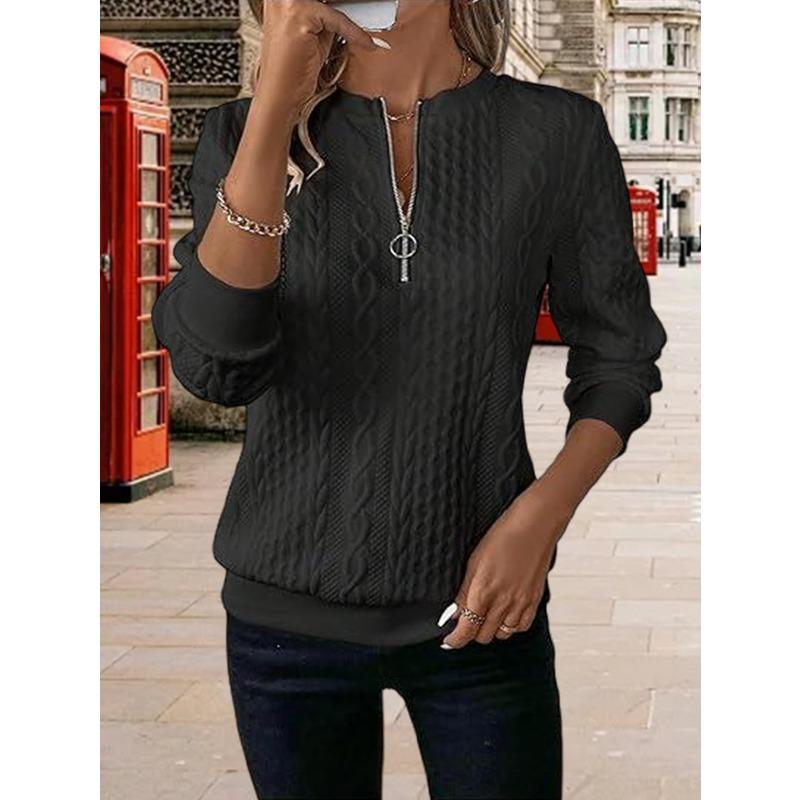 women's Cable Knit Textured Half Zip Long Sleeve Sweatshirt Casual Loose Fit Pullover Top