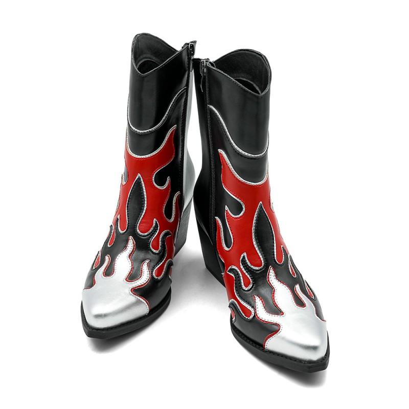 Womens Pointed Toe Chunky Heel Mid-Calf Fashion Boots In Colorblock Design PU Upper With Side Zip Size 36-41