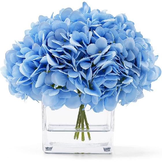 Шелковые Розовые Гортензии Искусственные Цветы в Вазе с Имитацией Воды, Шелковые Цветочные Композиции в Вазе для Домашнего Декора, Свадебного Стола (розовый) синий