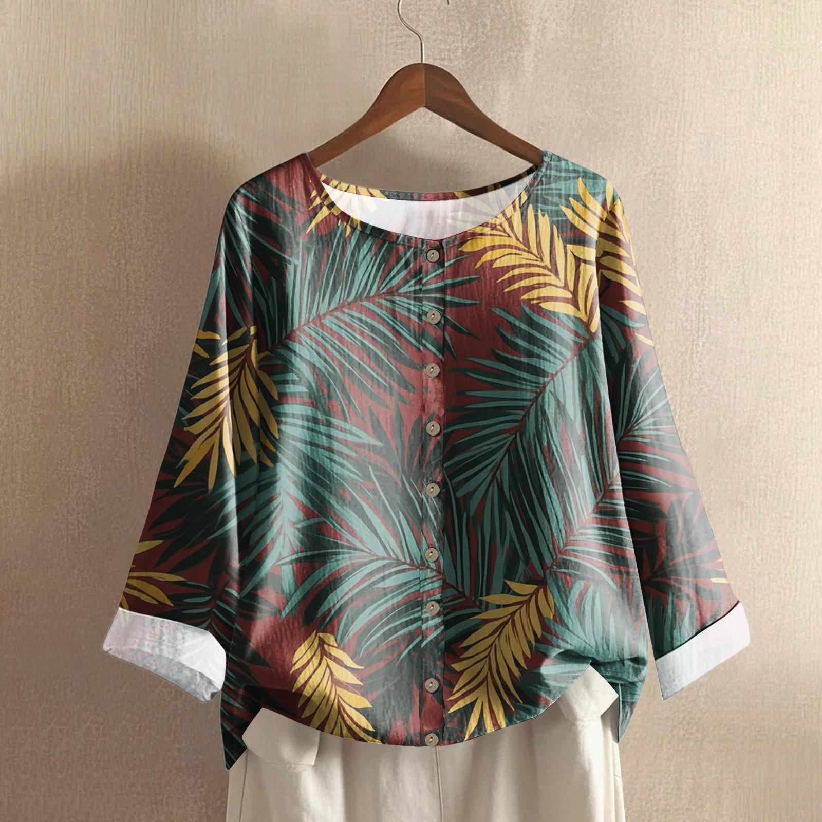 

Женский повседневный топ с длинным рукавом и круглым вырезом, из хлопка и льна, с цветочным принтом XL небесно-голубой