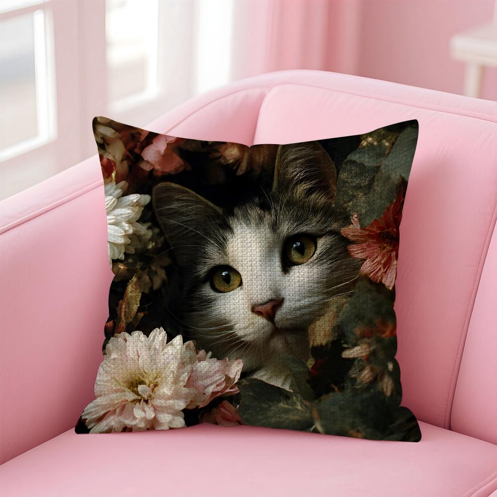 Cat And Flower Fashion Cushion Cover Natural Linen Pillow Case DoubleSided Print Decorative Sofa Pillowcase Home Decor Gift