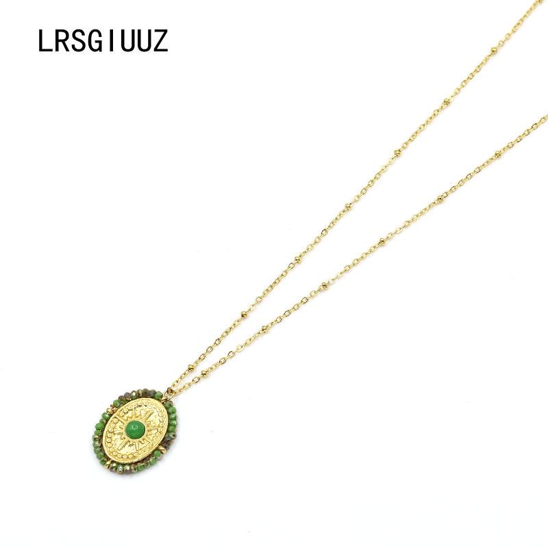 Handmade Gold-Plated Stainless Steel Necklace with Crystal Pendant and Natural Stone зелёный