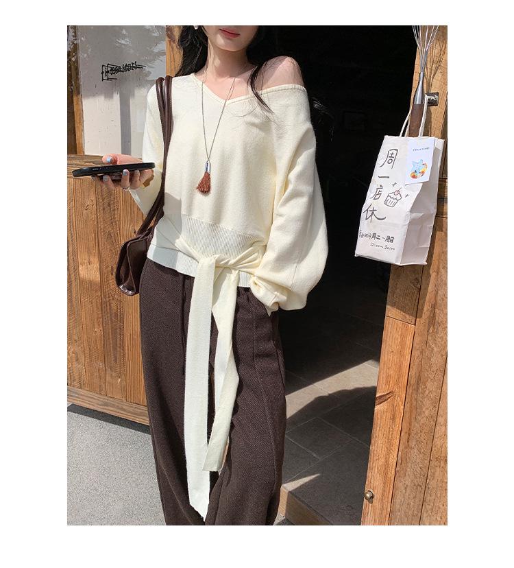 Light High-Waisted V-Neck Knit Sweater with Tie-Up for Women - Autumn/Winter Loose Slimming Trendy Top