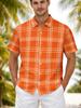 Printed Design – Not Textured Men's Casual Short-Sleeve Lapel Shirt, Orange Plaid Men's Short-Sleeve Shirt, Summer Vacation Style Lapel Casual Shirt