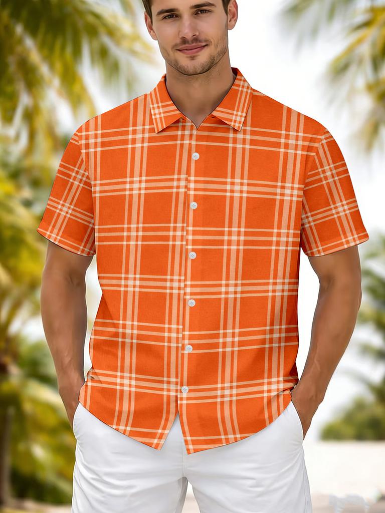 Printed Design – Not Textured Men's Casual Short-Sleeve Lapel Shirt, Orange Plaid Men's Short-Sleeve Shirt, Summer Vacation Style Lapel Casual Shirt