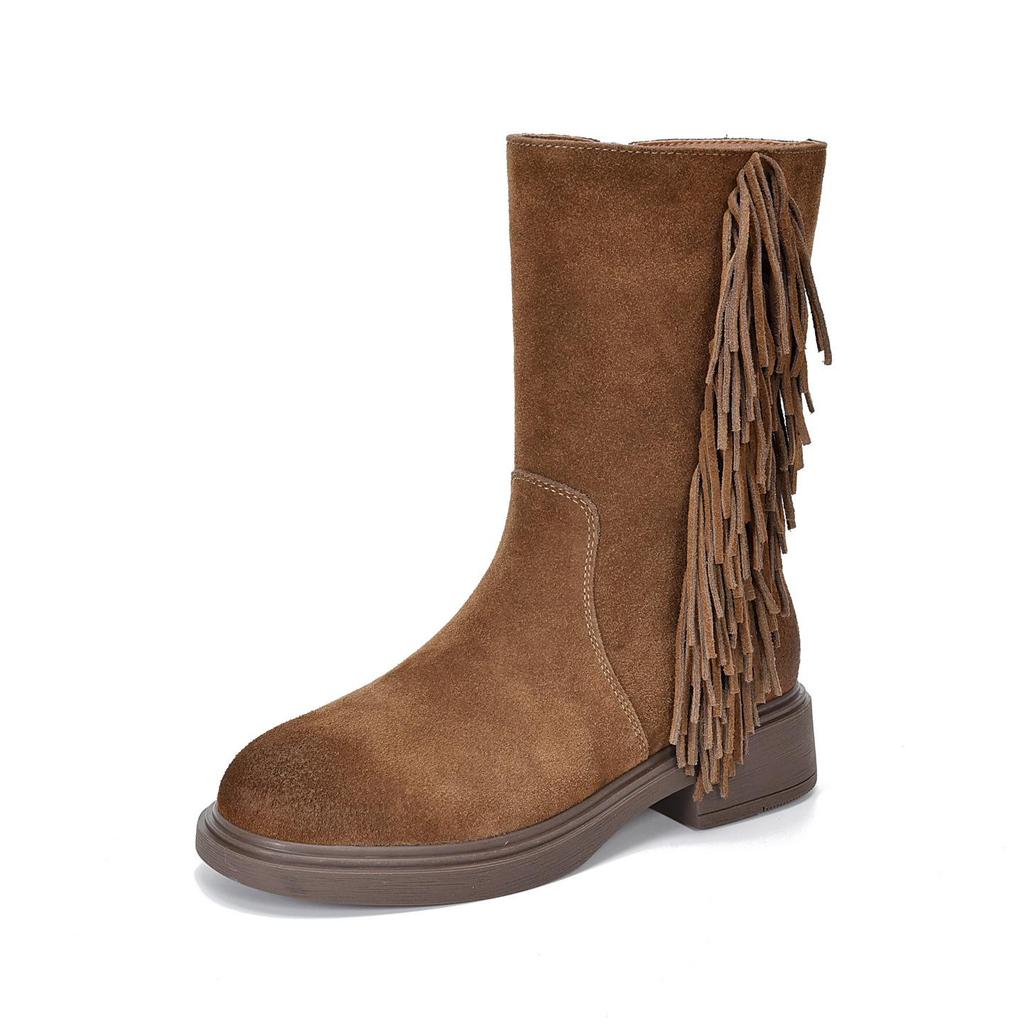 Johnature Retro Tassel Mid Heeled Women's Boots Genuine Leather Round Toe Versatile Mid-calf Boots