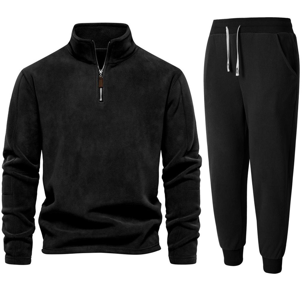 New Solid Color Fleece Sweatshirt for Men Stand Collar Zipper Long Sleeve Top Coat Two-piece Set