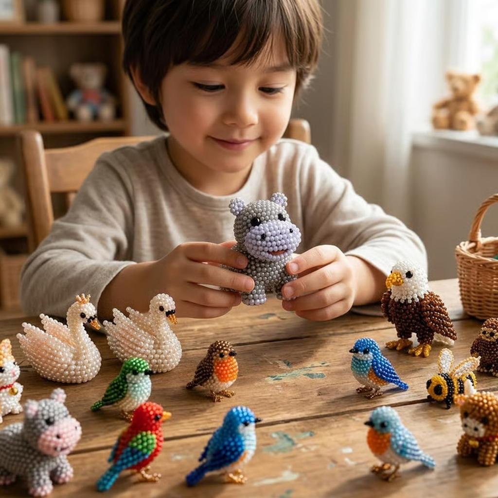 Tiny 3D Beaded Animal DIY Kit, Easy DIY Beading Embroidery Kit With 4 Cute Designs, 3D Animal Themed Beadwork Kit For Beginners