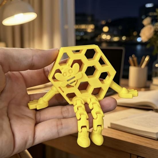 3D Printed Honeycomb Bee Ornament, with Flexible Leg Joint Design, Durable PLA Articulated Toy, No Assembly Needed Toy for Kids Bee Lovers