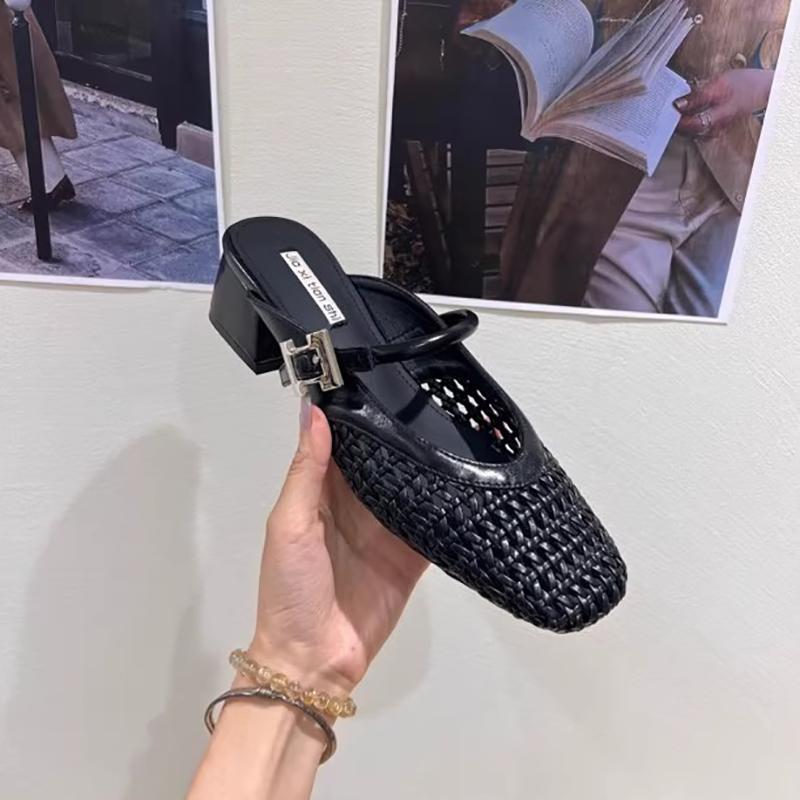 Fashion Retro Style Summer Cover Toe Women Mules Slippers Elegant Ladies Outdoor Thick Heel Dress Slides Shoes