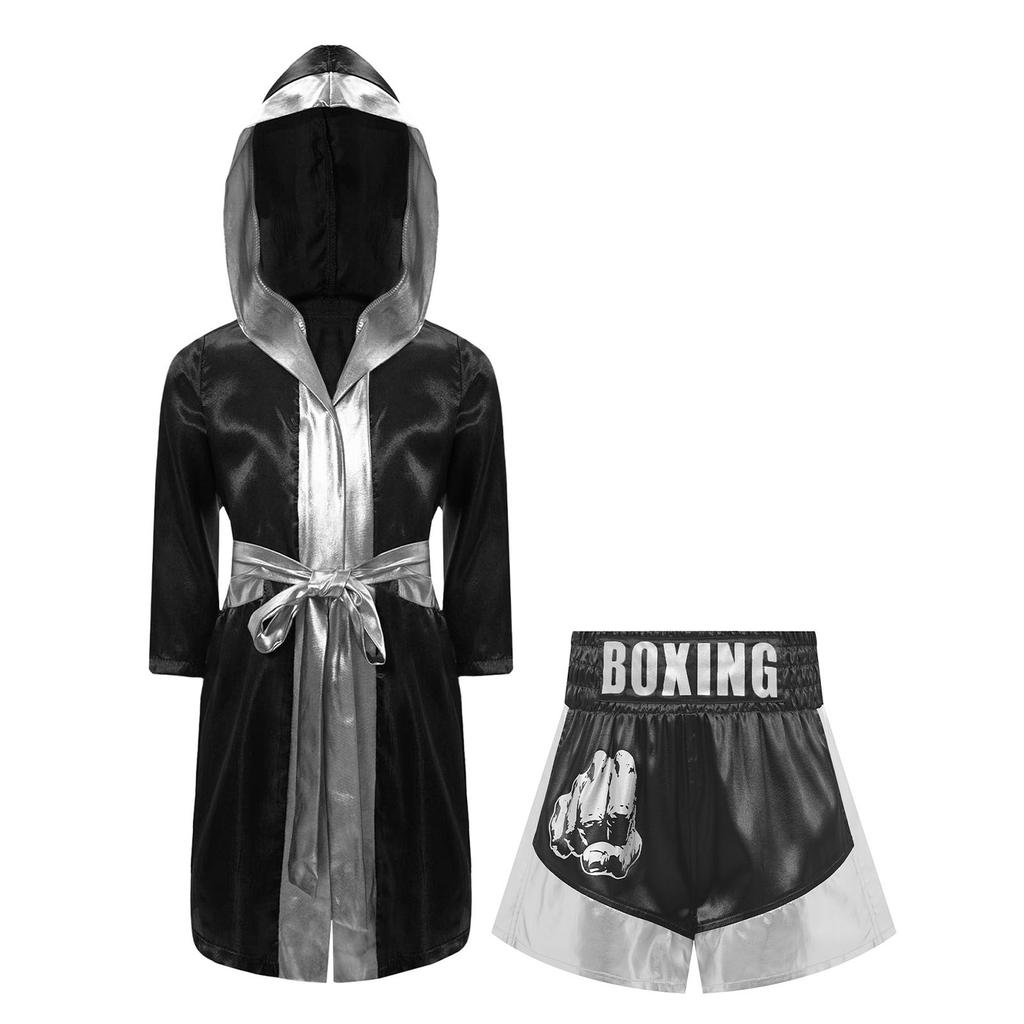 Boys Girls Halloween Carnival Theme Party Boxer Cosplay Costume Boxing Robe Long Sleeve Satin Hooded Cloak with Belt Shorts