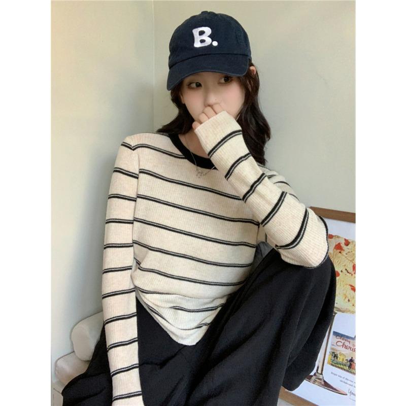 Contrasting Striped Knitted Sweater Women's Spring Loose Casual Long Sleeve Top Bottom Shirt