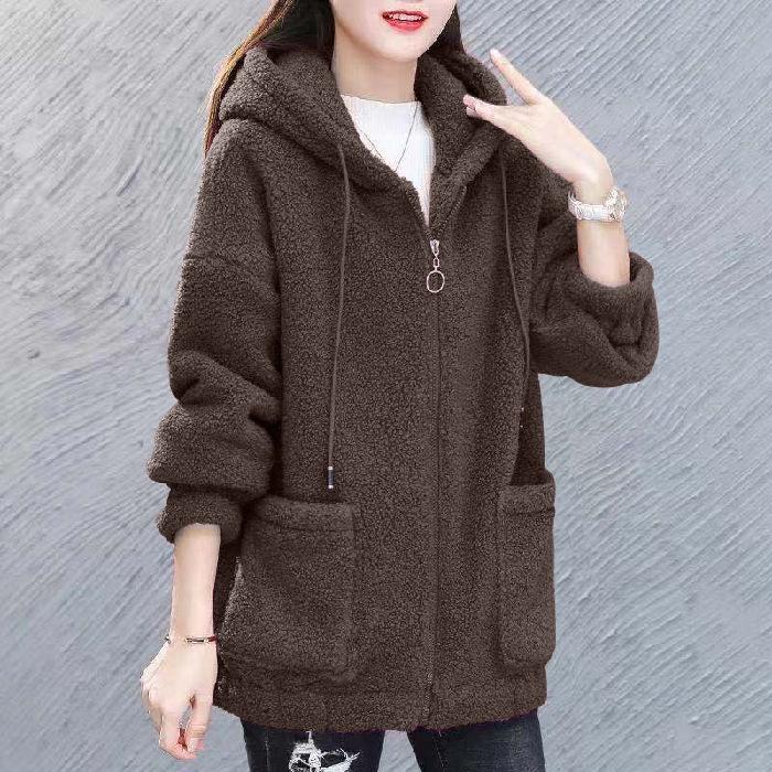 

Women s Plus Velvet Lambswool Zipper Hoodie - Autumn/Winter Korean Teddy Fleece Jacket 2XL