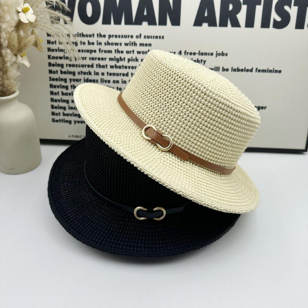 ins wind knitted Panama hat metal buckle belt decorative flat top top hat spring and summer sun protection breathable lady jazz hat