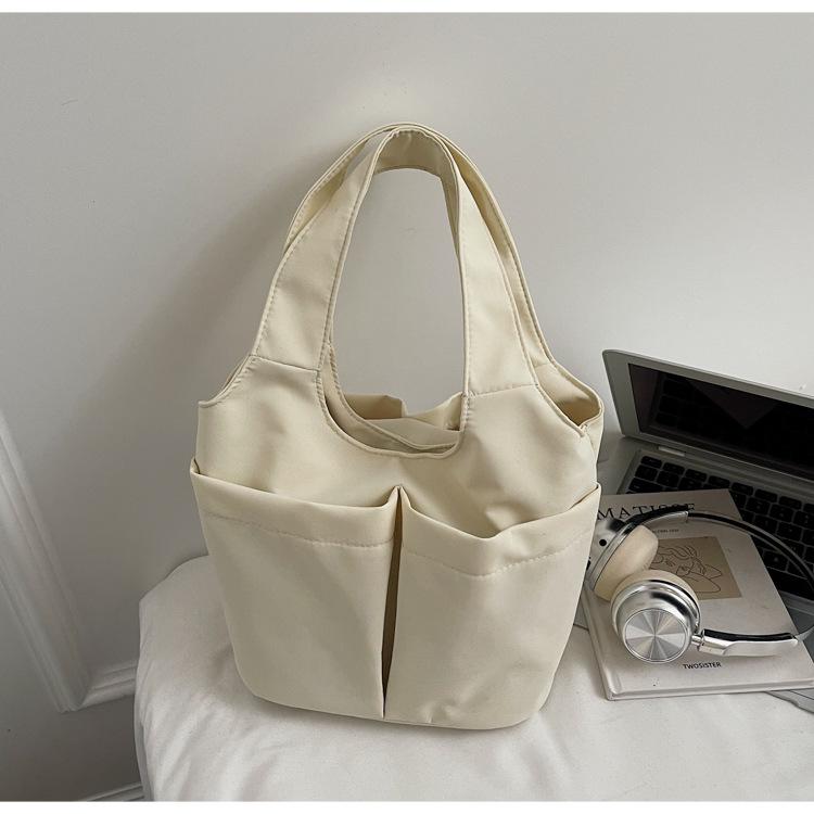 Korean Style Multi-Pocket Canvas Tote Bag with Large Capacity for Lunch or Shoulder Use