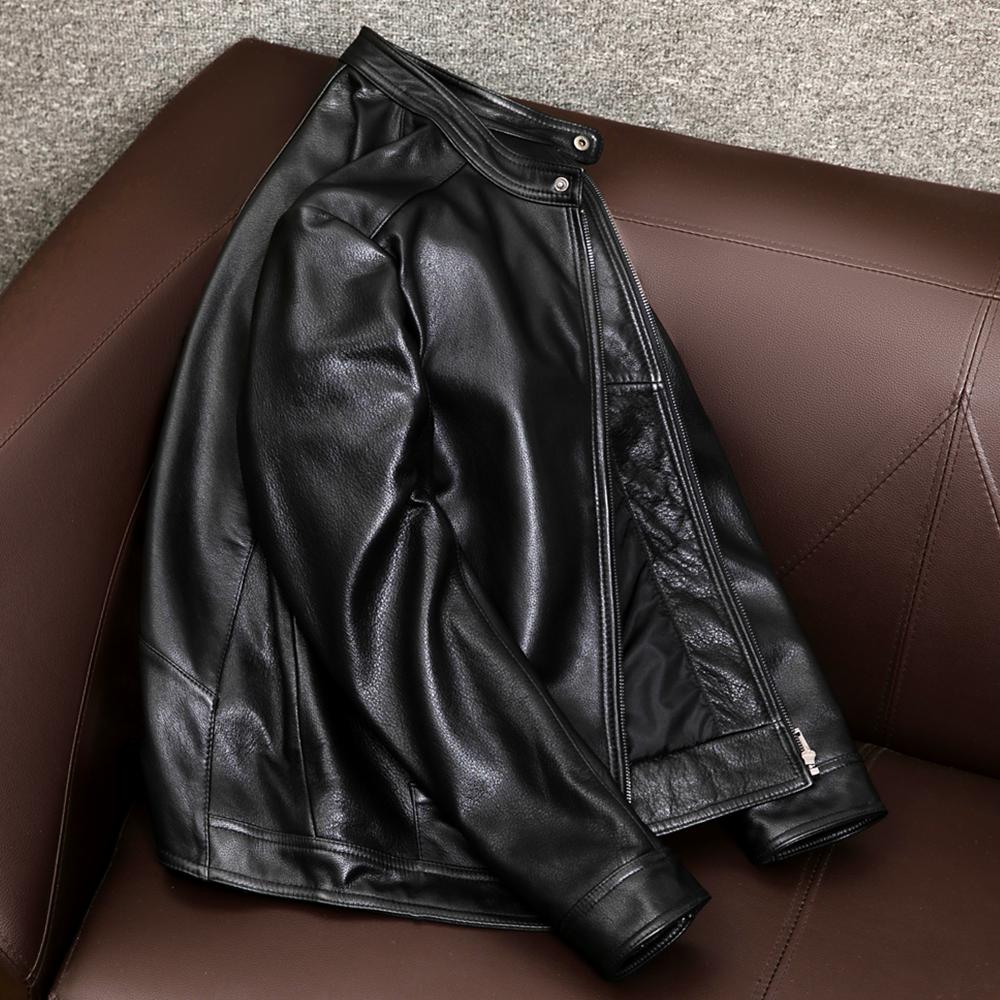 Nuova Giacca da Uomo in Vera Pelle Slim Fit Cappotto Corto Pelle di Vitello Gialla Collo Alto Capospalla Casual