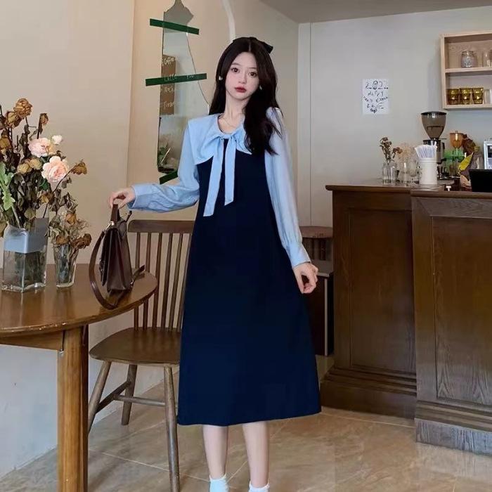 

Korean atmosphere, wearing temperament, strap dress, children s early autumn new academic style suit, long dress S тёмно-синий