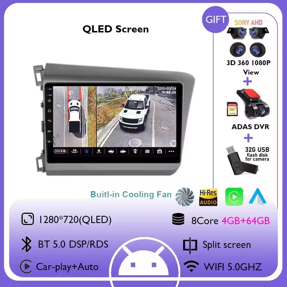 9" Android 14 Car Radio For Honda Civic RHD 2012 2013 2014 2015 Multimedia Player Carplay Auto Stereo GPS Navigation Head Unit