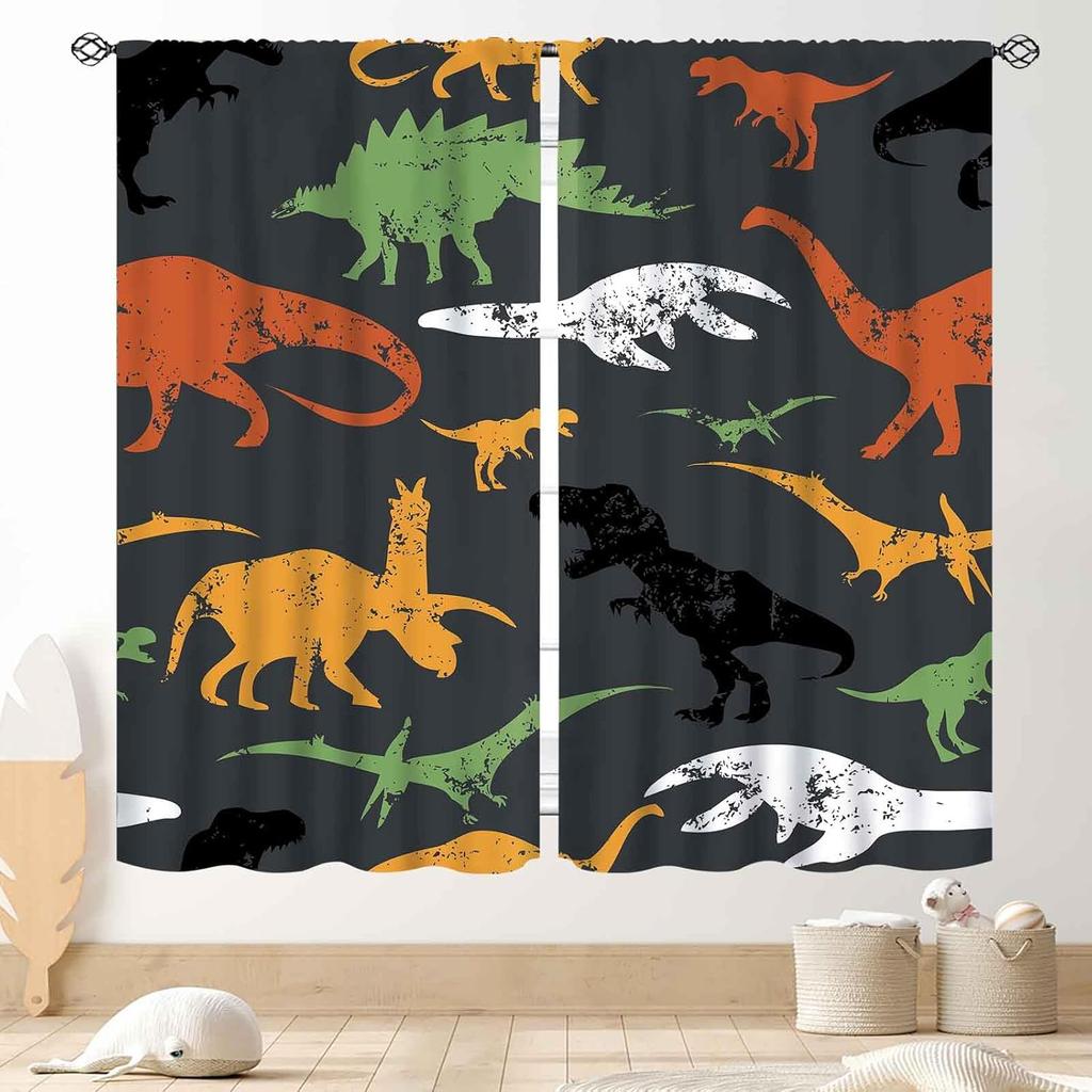 Dinosaur Curtains Boys Room Cartoon Dino Navy Blue Safari Animal Outer Space Planet Astronaut Theme Baby Window Curtain Blackout Polyester