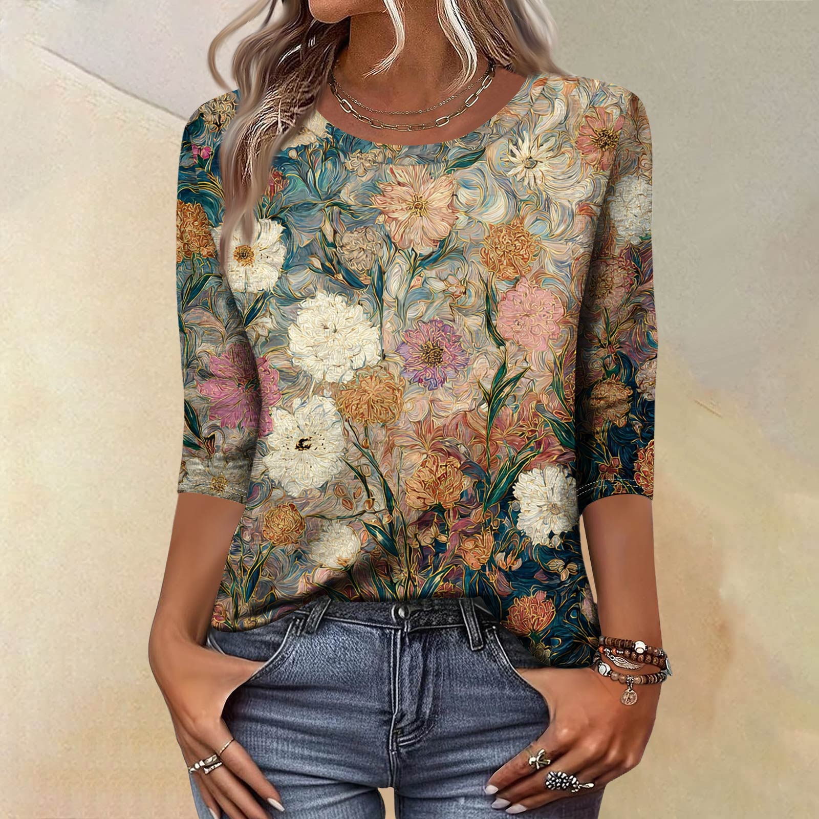 

Модный винтажный топ с рукавом три четверти для женщин, женская повседневная блузка-футболка с круглым вырезом и принтом S оранжевый