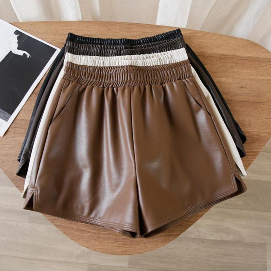 Szorty Damskie spodnie z wysokim stanem i cienkimi szerokimi nogawkami Jednokolorowe spodnie skórzane na co dzień