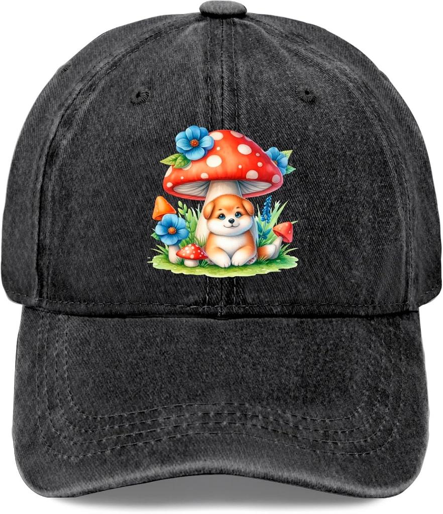 Cute Puppy and Mushroom Watercolor Print Washed Baseball Cap Adjustable Casual Sun Protection Adult Hat