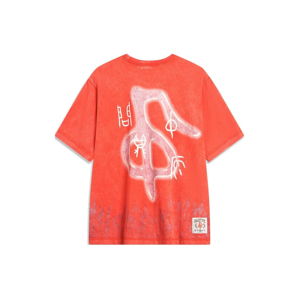 Li Ning Badfive Series Seven City Collaboration Back Graphic Print Loose Short Sleeve T-Shirt Unisex Tops Phoenix-Orange AHST767-3