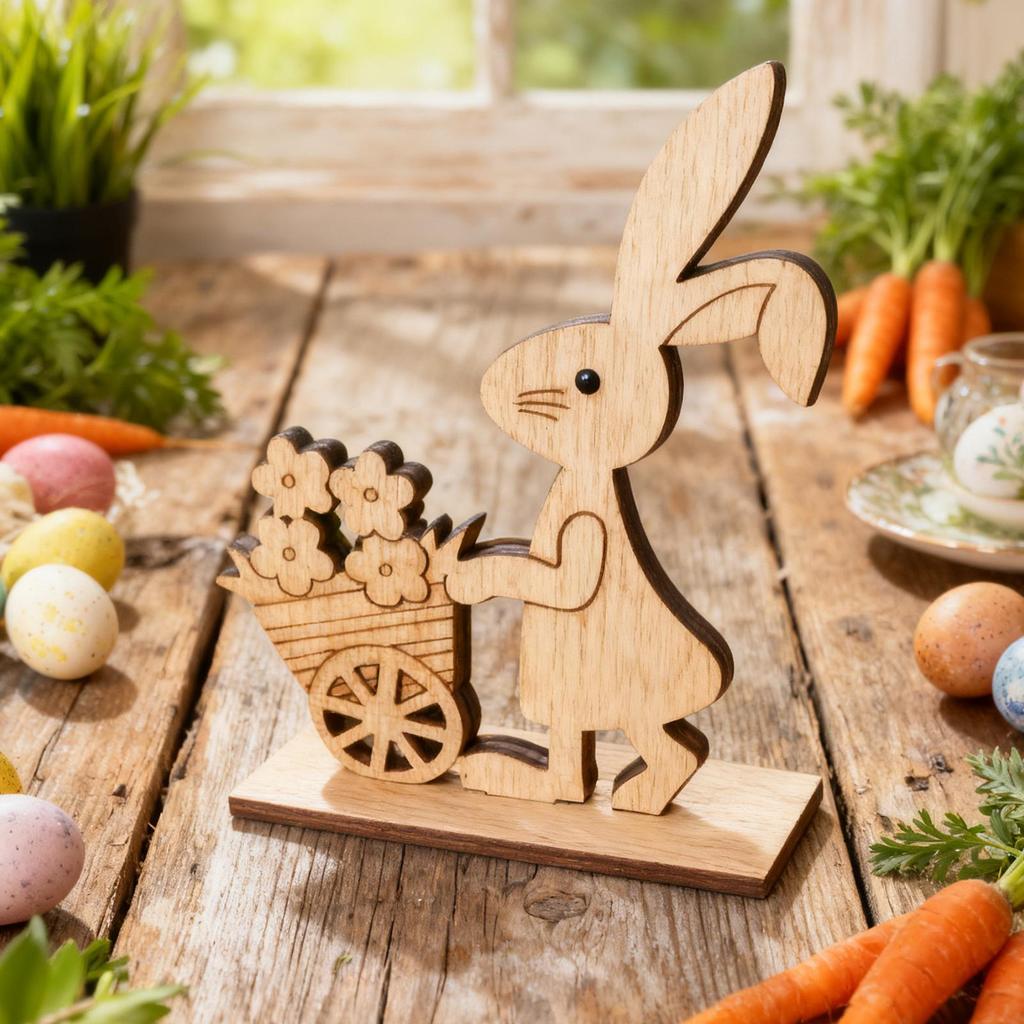 Wood Easter Bunny Cart Easter Gift Desktop Decoration Easter Statues With Floral Cart Cycling Rabbit Festival Desk Decorations