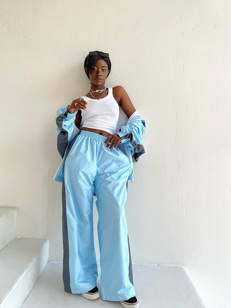 Women's Casual Suit, Stylish Loose Color-blocked Long-sleeved Zip-up Cardigan, Color-blocked Top And Trousers, Sportswear Set