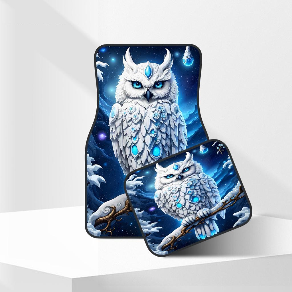 4pcs Blue Crystal Owl Print Car Floor Mats, Elegant Interior Decor Accessories For Daily Driving, All Season Fashionable Auto In