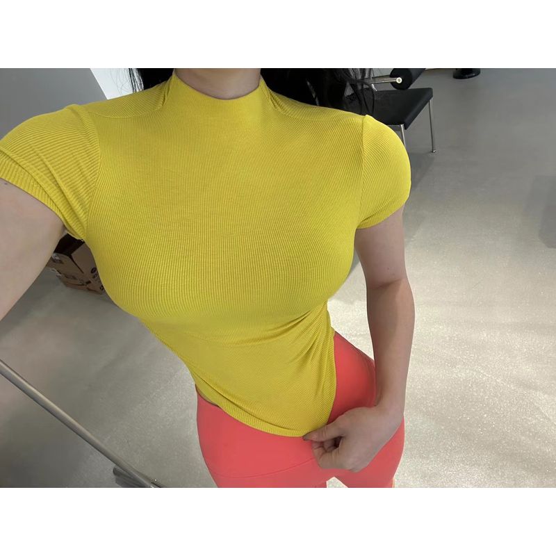 

Yoga Half Turtleneck Sexy Women s Pleated Sexy Short Sleeve Yellow L