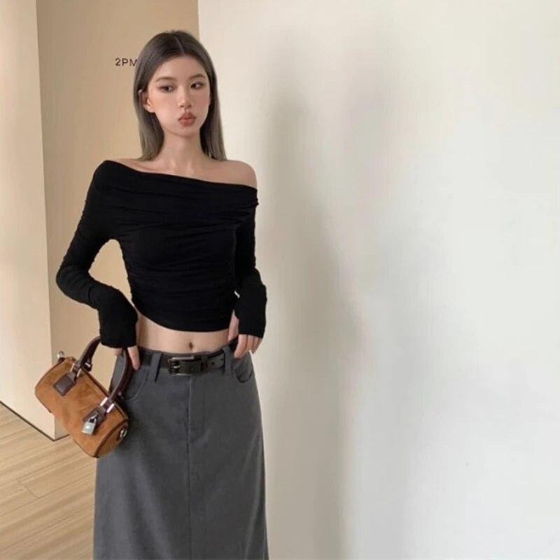 2KWEIRD  Long Sleeve T-shirts Women Autumn Slash Neck Sexy Slim-fit Pleated Hot Girls All-match Off Shoulder Sweet Backless Soft Solid