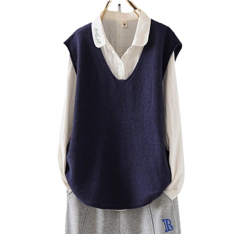 Womens Artistic Knit Vest Deep V Neck Loose Fit Sleeveless Sweater Layering Piece