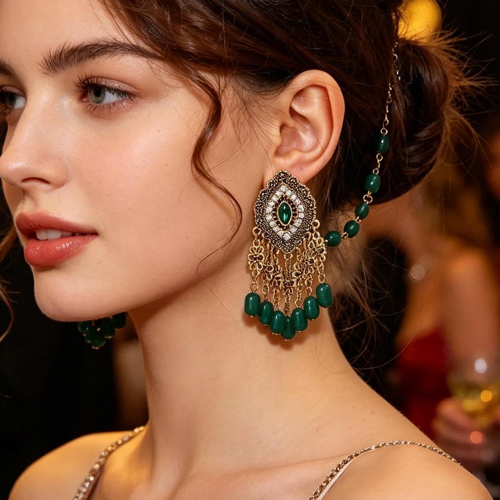 Retro Elegant Indian Style Colorful Earrings & Ear Chains Set for Women