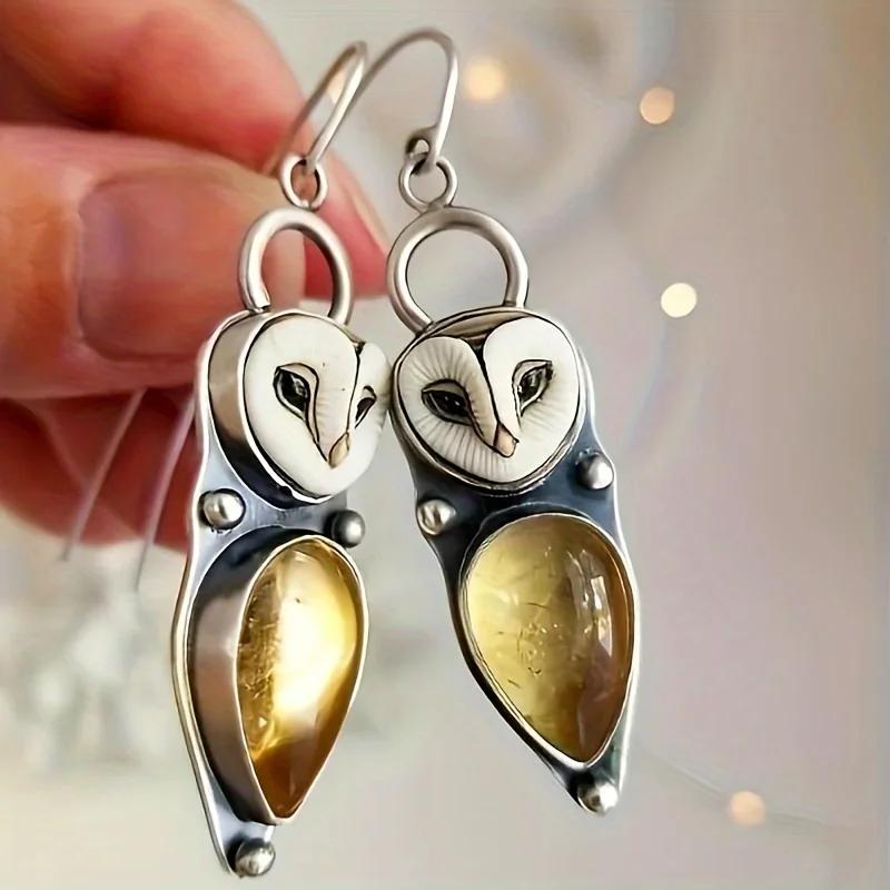 1-piece Set of European and American Bohemian Creative Retro Owl Earrings, Droplet Shaped Gemstone Pendant Earrings
