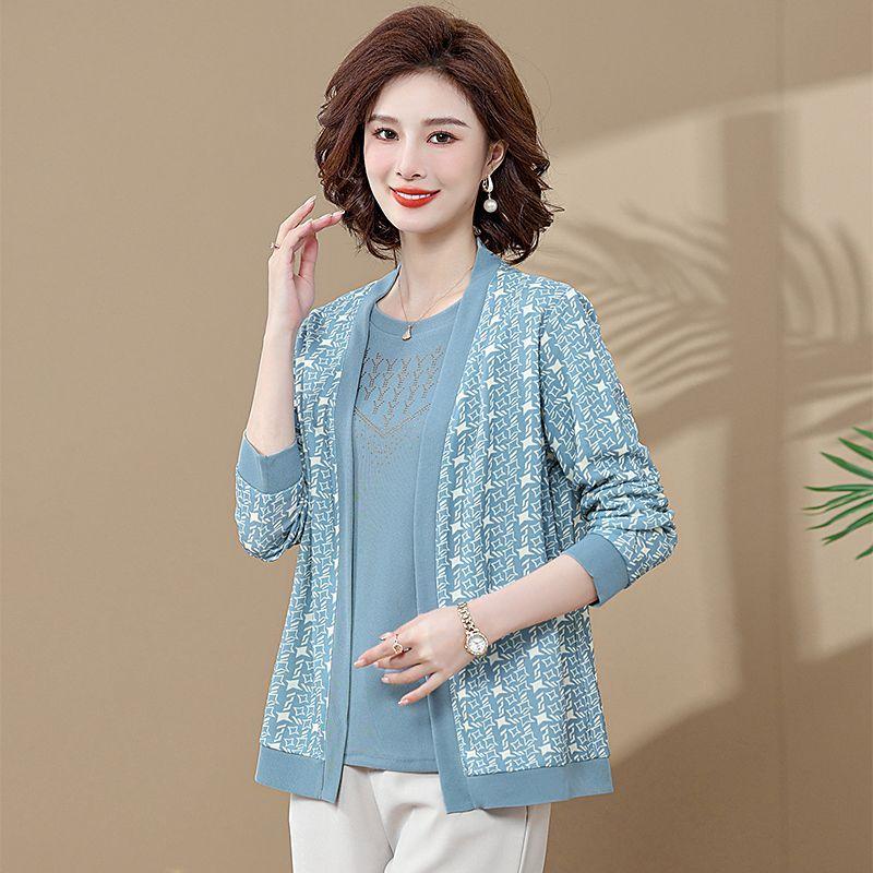 

Комплект из 2 вязаных топов Женский тонкий вязаный кардиган Футболка с коротким рукавом Большой размер Вязаная куртка Вязаная футболка с принтом Комплекты Весна Осень 2XL