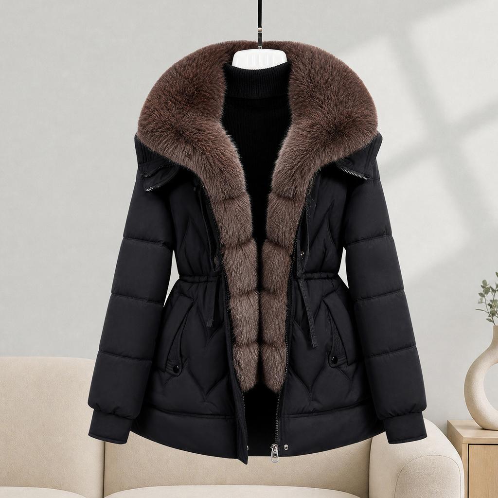 Korean light luxury big fur collar waist down cotton clothes women's burgundy thickened warm hooded mother jacket factory