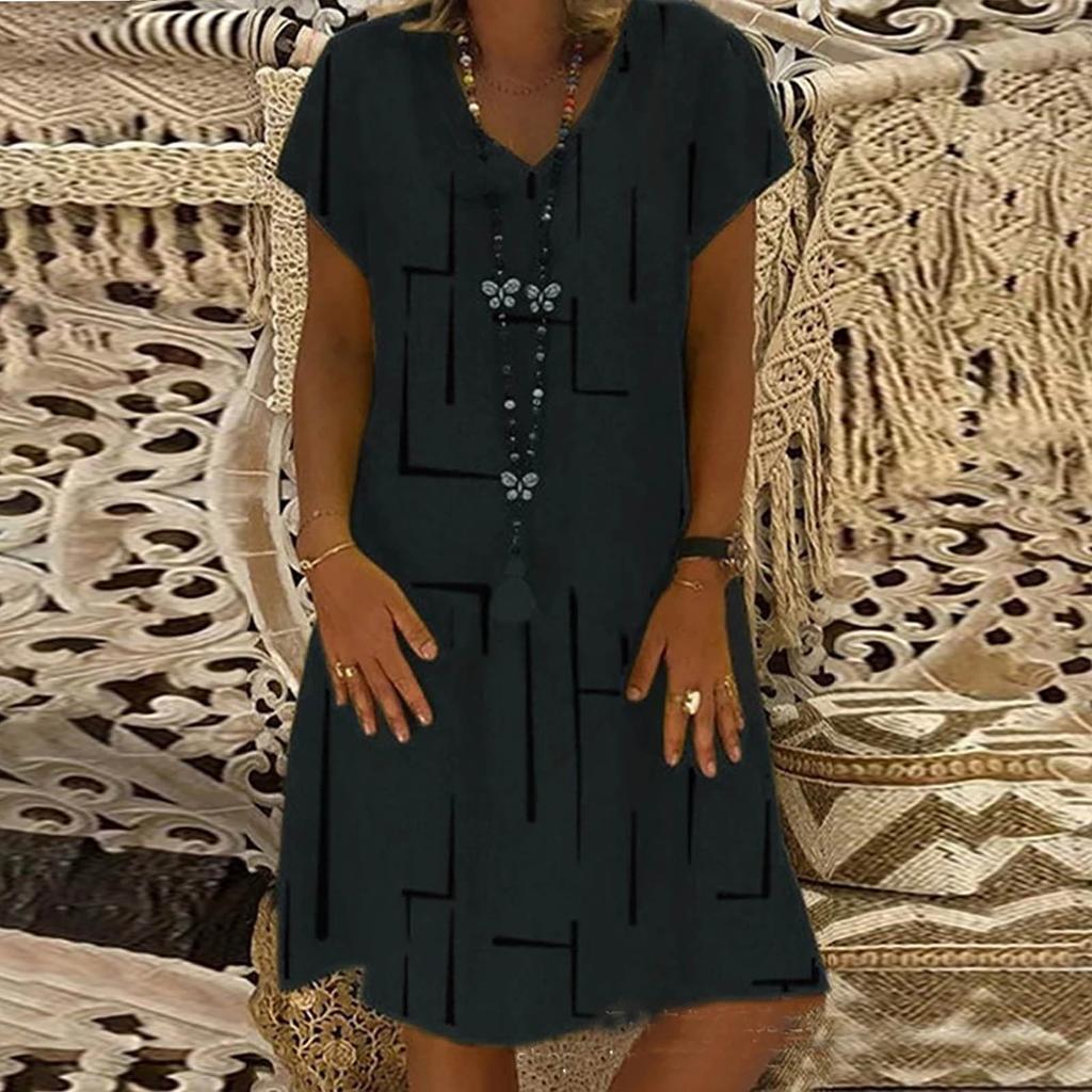 Folded Line Printing Loose Pullover Princess Dress V-neck Ladies Dress