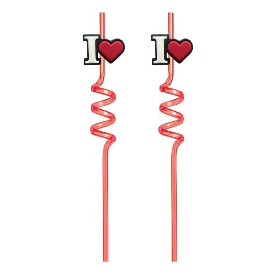2Pcs Colorful Spiral Straws Creative Drinking Straws with Heart Lip Cake Charm Romantic Pink