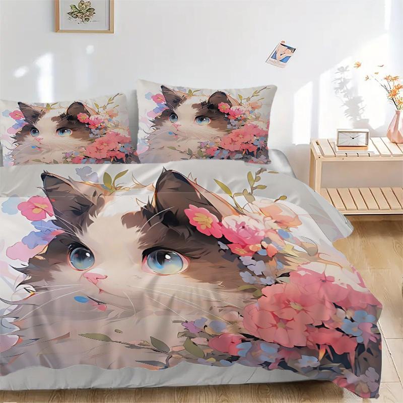 3pcs Artistic Appealing Cat & Flowers Print Bedding Set (1 Cover + 2 Pillowcases, Without Inserts), This Printed Bedding Set is Soft and