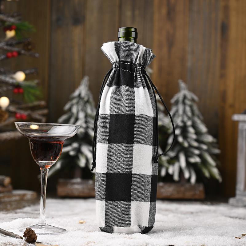 

Plaid Large Festive Drawstring Wine Bottle Pouch For Christmas Decoration Event BlackWhite Check Bag
