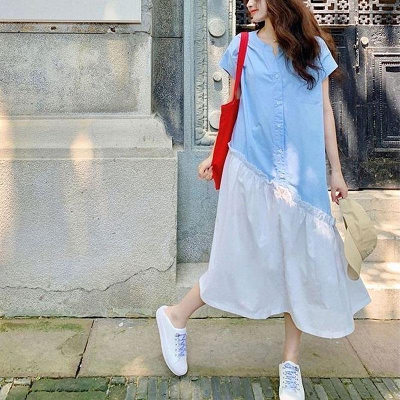 Casual Korean Short Sleeve Long Dress Summer Basic Patchwork Female Clothing Fashion Asymmetrical Loose O-Neck Button Dresses