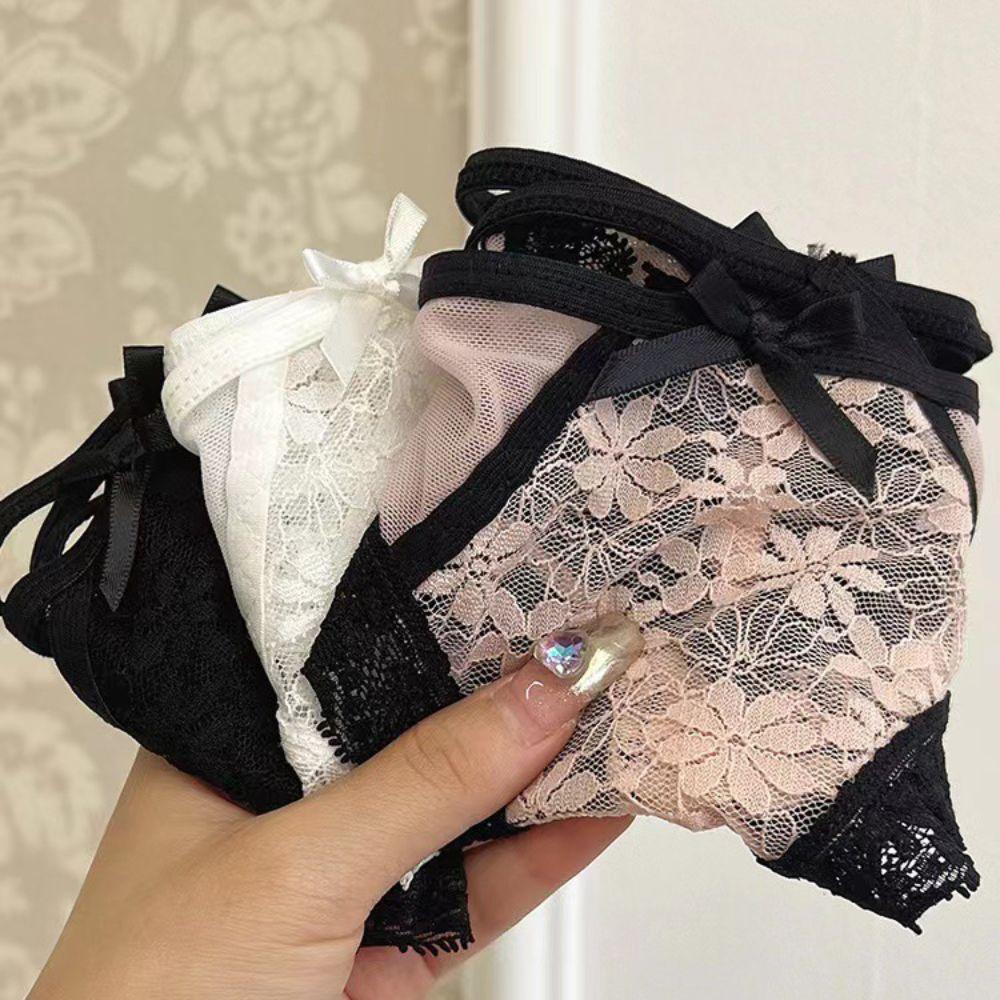 Patchwork Mesh Floral Bowknot Panties Thong Lace Flower Transparent Briefs Quick Drye   Lady