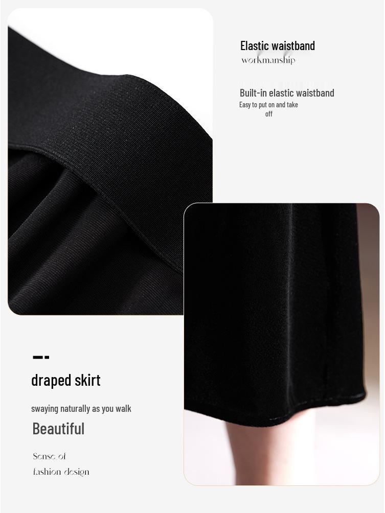 Dámská francouzská retro černá midi sukně z hedvábného sametu s vysokým pasem na podzim/zimu 2025 - Zeštíhlující tužkový design