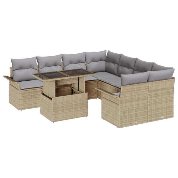 Ensemble de Canapé de Jardin vidaXL 9 Pièces avec Coussins Beige Rotin Poly, Canapé de Jardin 2 Places vidaXL avec Rangement 3356993